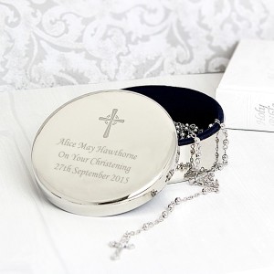 
                            Personalised Rosary Beads and Cross Round Trinket Box