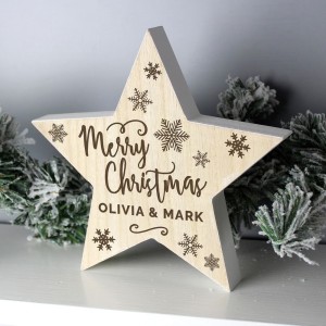 
                            Personalised Merry Christmas Rustic Wooden Star Decoration