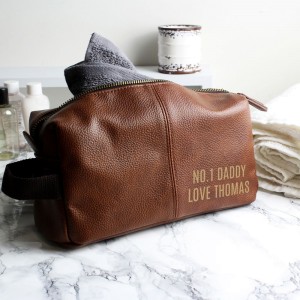 
                            Personalised Luxury Brown leatherette Wash Bag