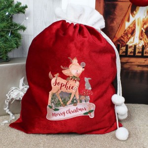 
                            Personalised Festive Fawn Luxury Pom Pom Red Sack