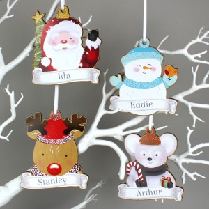 
                            Personalised Set of Four Colourful Christmas Characters Wooden Hanging Decorations