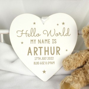 
                            Personalised Hello World Large Wooden Heart Decoration