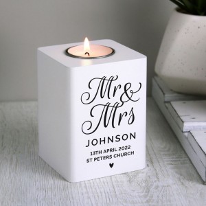 
                            Personalised Mr & Mrs White Wooden Tea light Holder