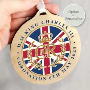 
                            King Charles III Union Jack Coronation Commemorative Round Wooden Decoration