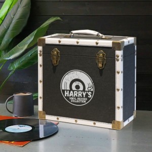 Personalised 12 Inch Vinyl Record Storage Box - Black Cloth with White Leather Trim - Half Record Sticker