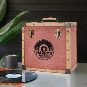 Personalised 12 Inch Vinyl Record Storage Box - Burgundy Cloth with Cream Leather Trim - Half Record Sticker