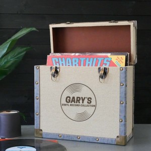 Personalised 12 Inch Vinyl Record Storage Box - Cream Cloth with Grey Leather Trim - Record Laser Etched