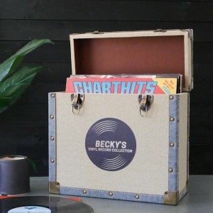 Personalised 12 Inch Vinyl Record Storage Box - Cream Cloth with Grey Leather Trim - Record Sticker