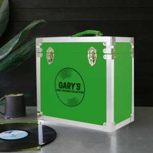 Personalised 12 Inch Vinyl Record Storage Box - Green Leather effect with Metal Trim - Record Laser Etched