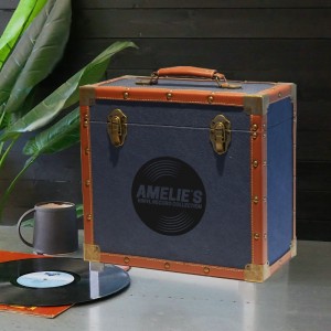 Personalised 12 Inch Vinyl Record Storage Box - Navy Cloth with Brown Leather Trim - Record Sticker