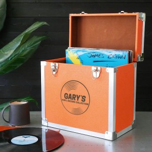 Personalised 12 Inch Vinyl Record Storage Box - Orange Leather effect with Metal Trim - Record Laser Etched