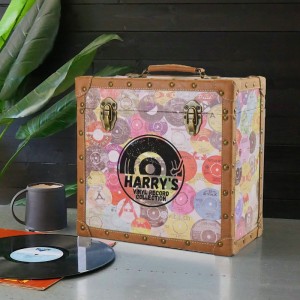 Personalised 12 Inch Vinyl Record Storage Box - Retro Printed Cloth with Brown Leather Trim - Half Record Sticker