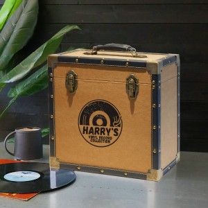 Personalised 12 Inch Vinyl Record Storage Box - Tan Cloth with Black Leather Trim - Half Record Sticker
