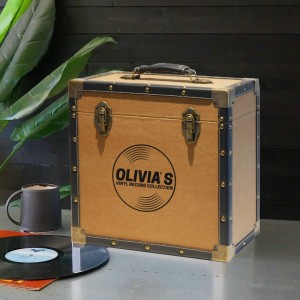 Personalised 12 Inch Vinyl Record Storage Box - Tan Cloth with Black Leather Trim - Record Laser Etched