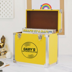 Personalised 12 Inch Vinyl Record Storage Box - Yellow Leather effect with Metal Trim - Record Laser Etched