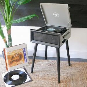 Personalised Retro Style Record Player on Legs - Grey - Record Sticker