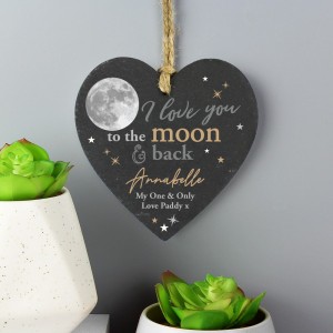 
                            Personalised Moon and Back Slate Heart Decoration