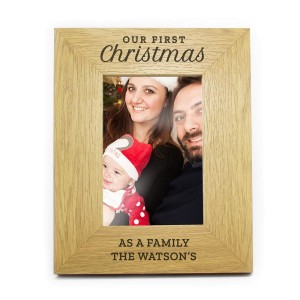 Personalised "Our First Christmas" 6x4 Oak Finish Photo Frame
