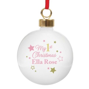 
                            Personalised Gold & Pink Stars My 1st Christmas Bauble