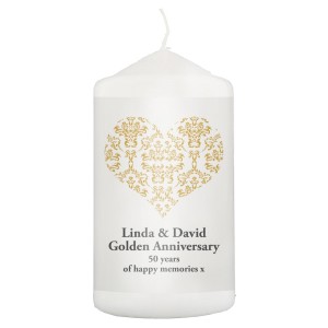 
                            Personalised Gold Damask Heart Pillar Candle