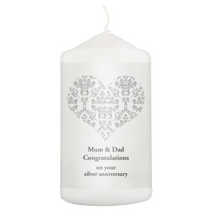 
                            Personalised Silver Damask Heart Pillar Candle