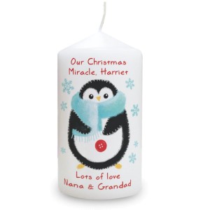 
                            Personalised Felt Stitch Penguin Pillar Candle