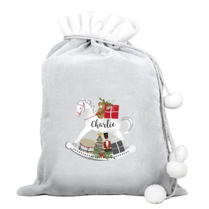
                            Personalised Rocking Horse Luxury Silver Grey Pom Pom Sack