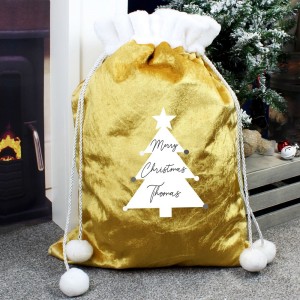 
                            Personalised Christmas Tree Luxury Pom Pom Gold Sack