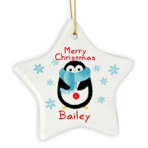 
                            Personalised Felt Stitch Penguin Ceramic Star Decoration