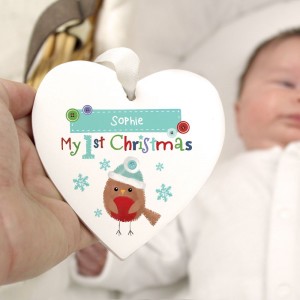 
                            Personalised Felt Stitch Robin "My 1st Christmas" Wooden Heart Decoration
