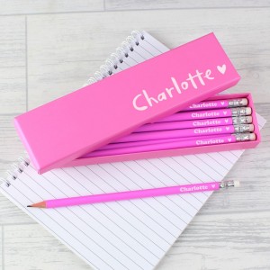 
                            Personalised Heart Box and 12 Pink HB Pencils