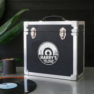 Personalised 12 Inch Vinyl Record Storage Box - Black Leather effect with Metal Trim - Half Record Sticker