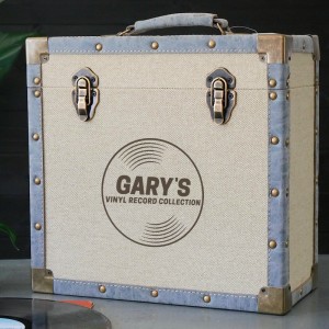 Personalised 12 Inch Vinyl Record Storage Box - Cream Cloth with Grey Leather Trim - Record Laser Etched