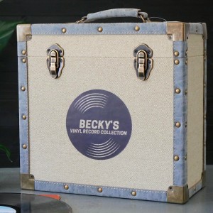 Personalised 12 Inch Vinyl Record Storage Box - Cream Cloth with Grey Leather Trim - Record Sticker