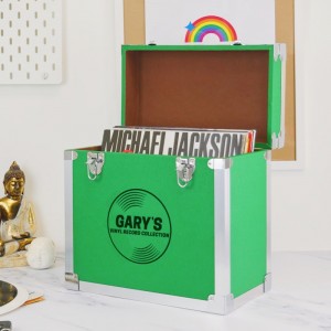 Personalised 12 Inch Vinyl Record Storage Box - Green Leather effect with Metal Trim - Record Laser Etched