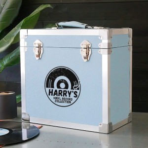 Personalised 12 Inch Vinyl Record Storage Box - Light Blue Leather effect with Metal Trim - Half Record Sticker