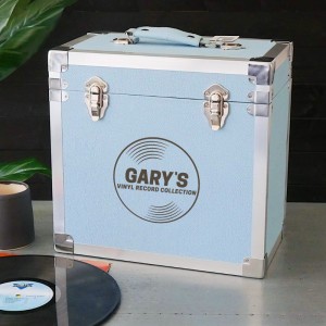 Personalised 12 Inch Vinyl Record Storage Box - Light Blue Leather effect with Metal Trim - Record Laser Etched