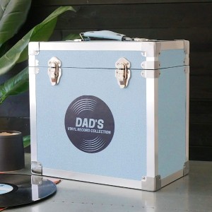 Personalised 12 Inch Vinyl Record Storage Box - Light Blue Leather effect with Metal Trim - Record Sticker