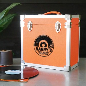 Personalised 12 Inch Vinyl Record Storage Box - Orange Leather effect with Metal Trim - Half Record Sticker