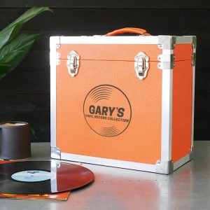 Personalised 12 Inch Vinyl Record Storage Box - Orange Leather effect with Metal Trim - Record Laser Etched