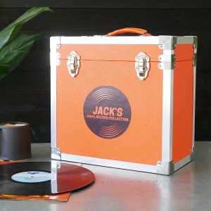 Personalised 12 Inch Vinyl Record Storage Box - Orange Leather effect with Metal Trim - Record Sticker