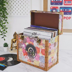 Personalised 12 Inch Vinyl Record Storage Box - Retro Printed Cloth with Brown Leather Trim - Half Record Sticker