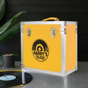 Personalised 12 Inch Vinyl Record Storage Box - Yellow Leather effect with Metal Trim - Half Record Sticker