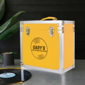 Personalised 12 Inch Vinyl Record Storage Box - Yellow Leather effect with Metal Trim - Record Laser Etched