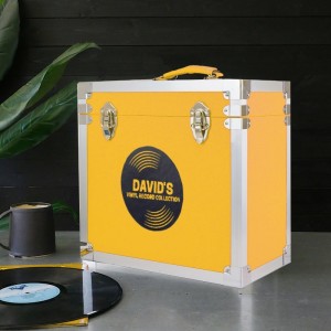 Personalised 12 Inch Vinyl Record Storage Box - Yellow Leather effect with Metal Trim - Record Sticker